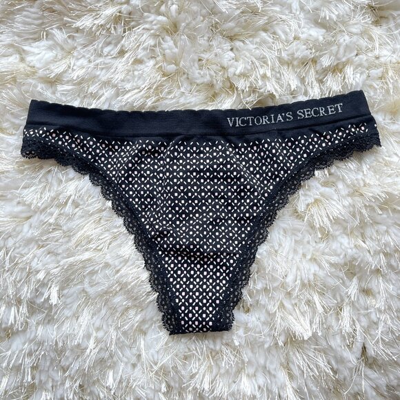 New Victoria's Secret Thong Panty Small Black White Pink Lace Trim NWT - Picture 1 of 4